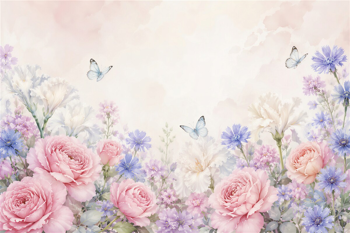 Papier peint fleurs pivoines et iris pastels avec des papillons