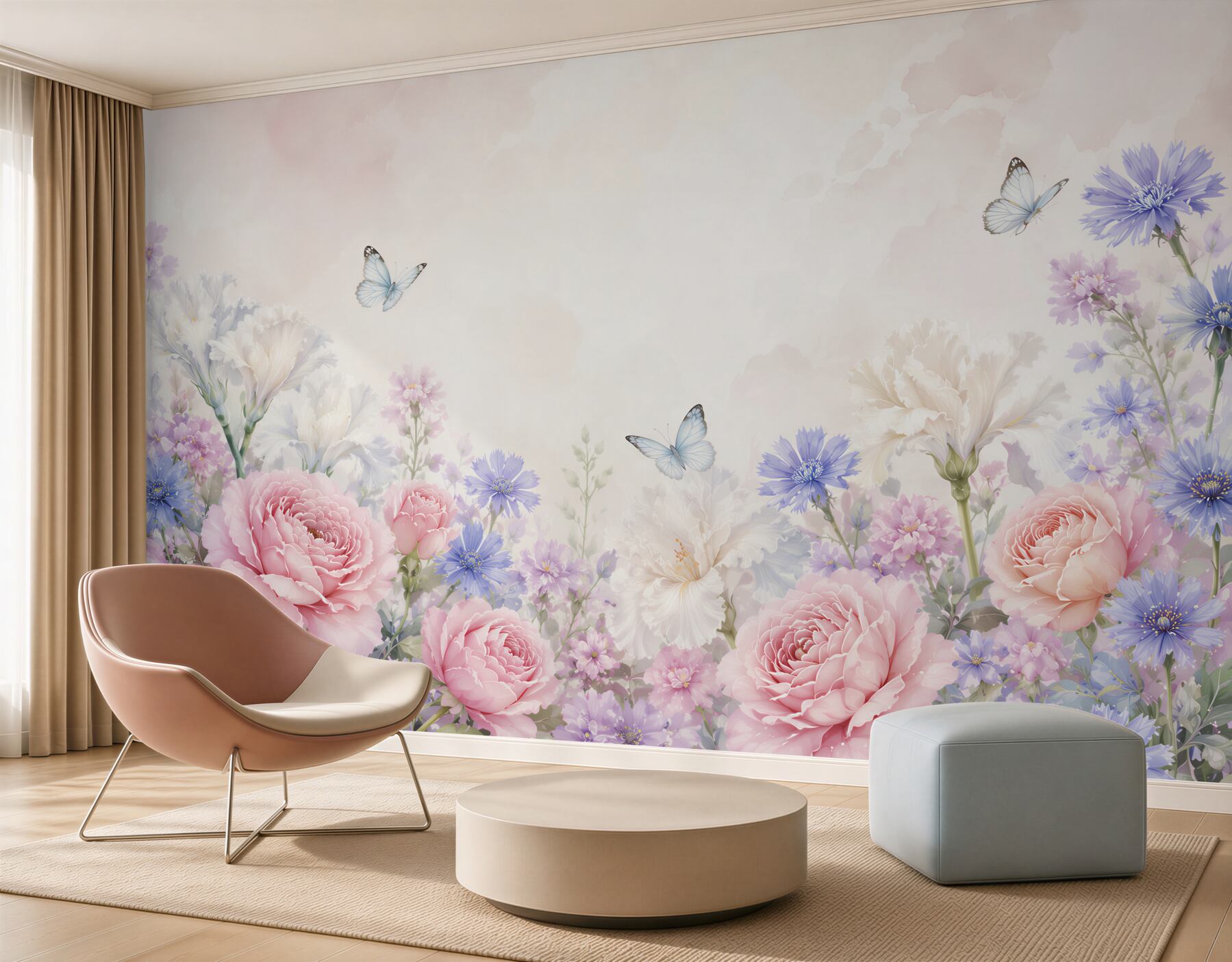 Papier peint fleurs pivoines et iris pastels avec des papillons