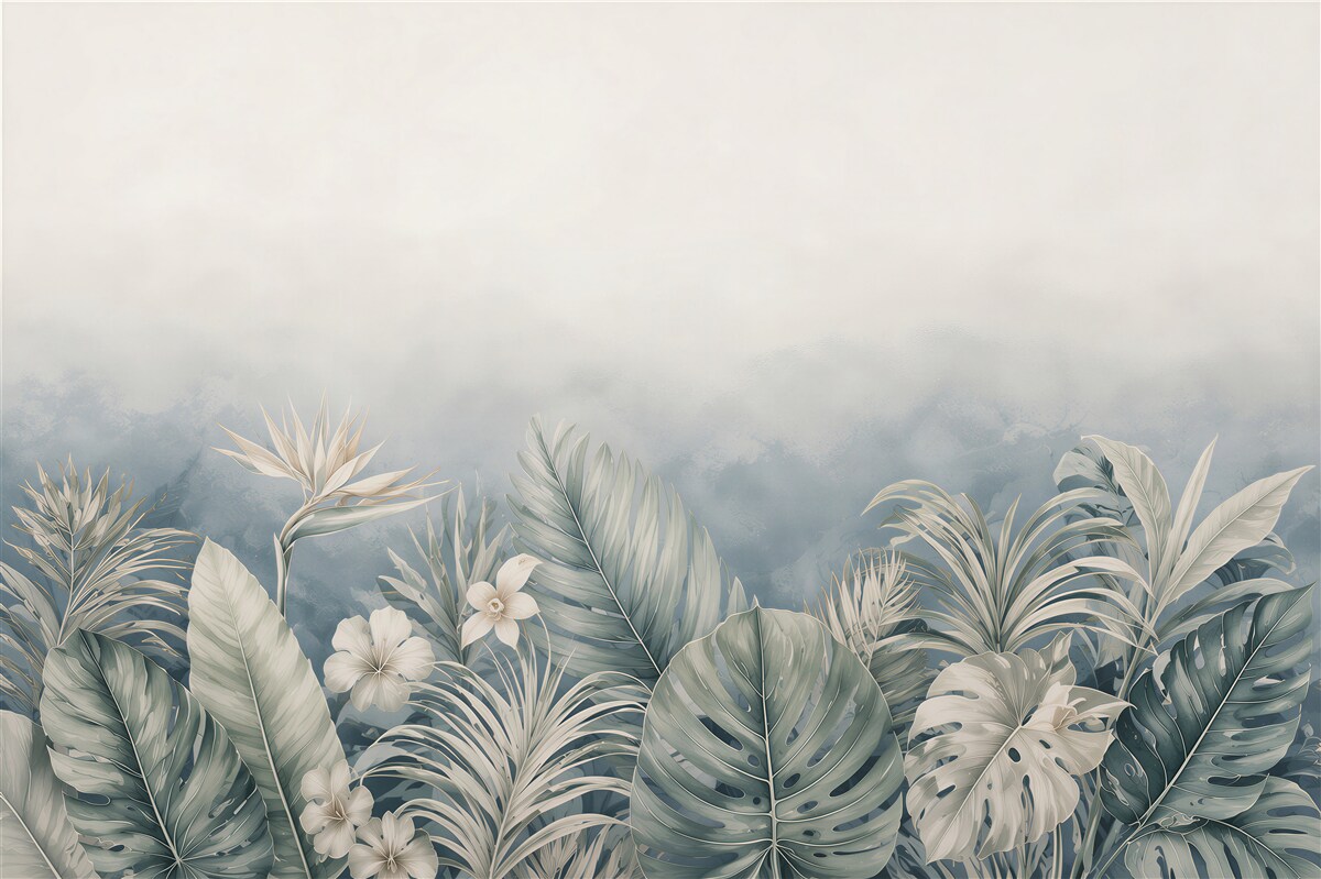 Papier peint feuilles tropicales et fleurs blanches dans des tons bleu beige