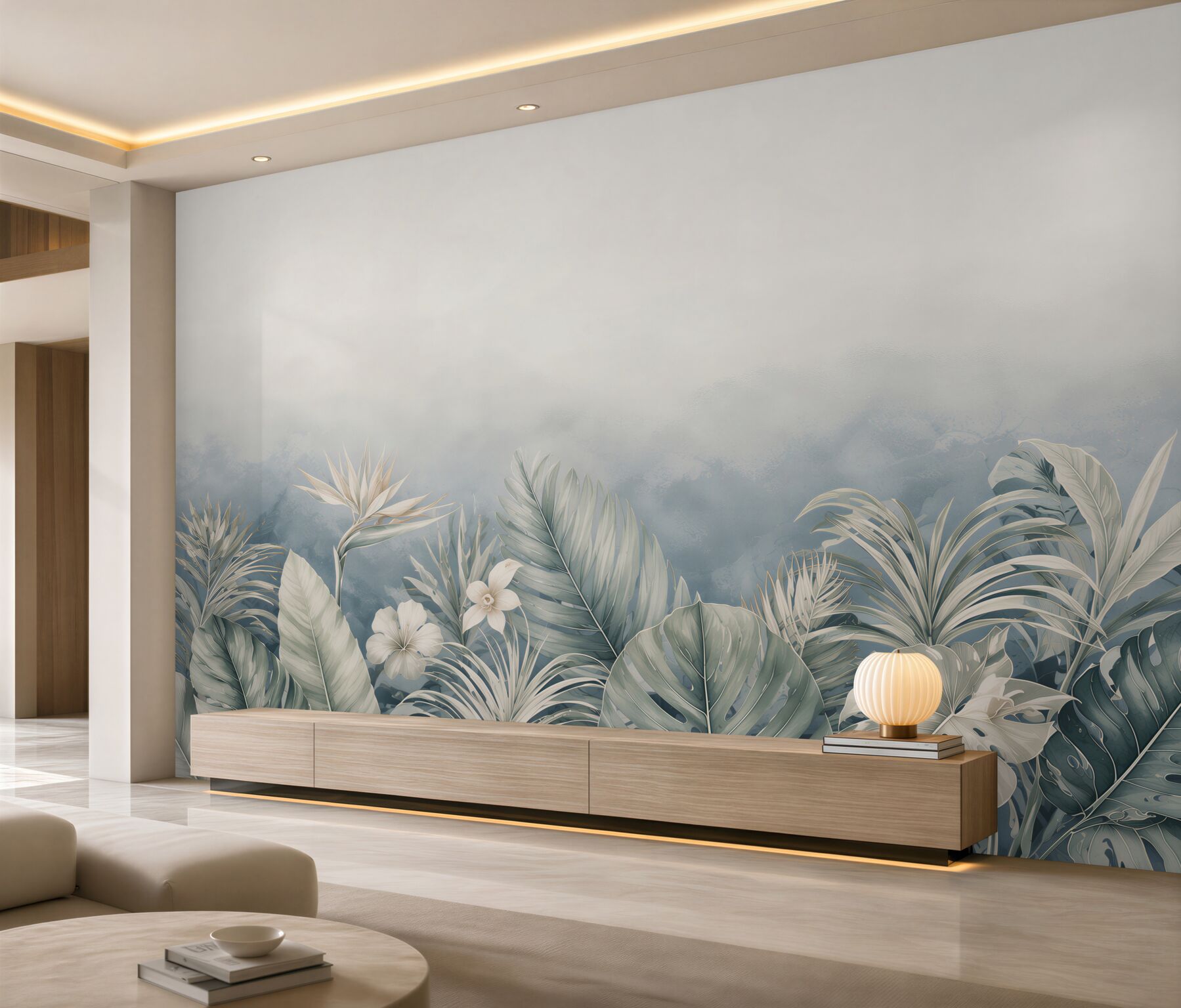 Papier peint feuilles tropicales et fleurs blanches dans des tons bleu beige