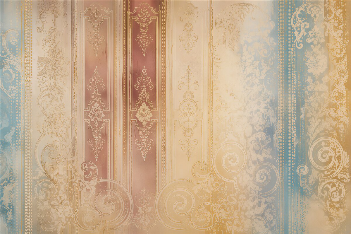 Papier peint ornements vintage pastel avec des décorations dorées élégantes