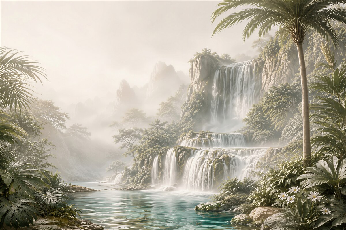 Papier peint cascade tropicale dans le brouillard avec des palmiers et une lagune turquoise