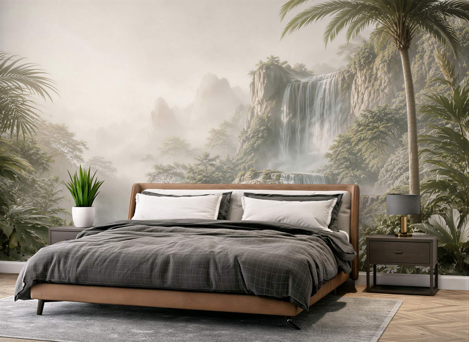 Papier peint cascade tropicale dans le brouillard avec des palmiers et une lagune turquoise