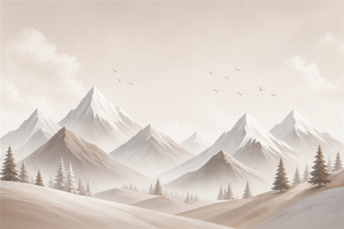 Papier peint montagnes dans le brouillard en tons beiges pour un intérieur apaisant