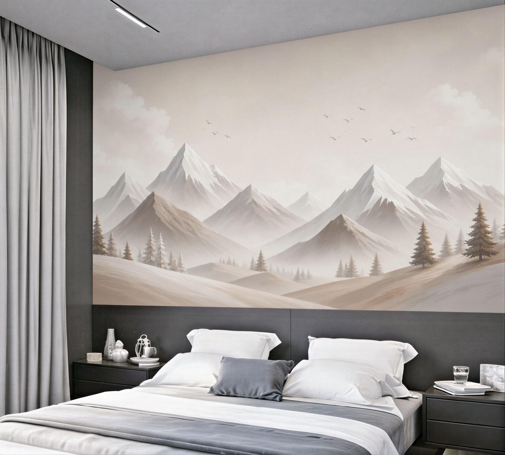 Papier peint montagnes dans le brouillard en tons beiges pour un intérieur apaisant