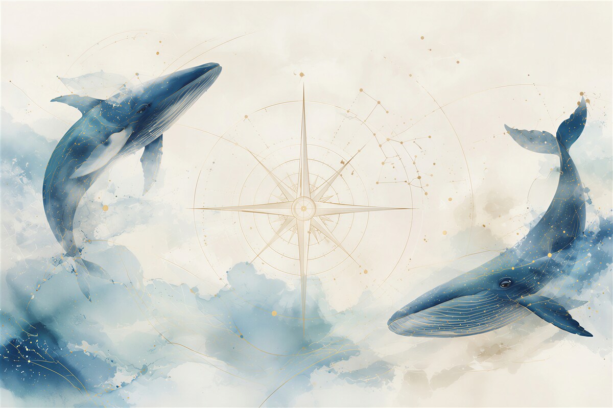 Papier peint baleines aquarelle bleues avec une boussole pour la chambre d'enfant