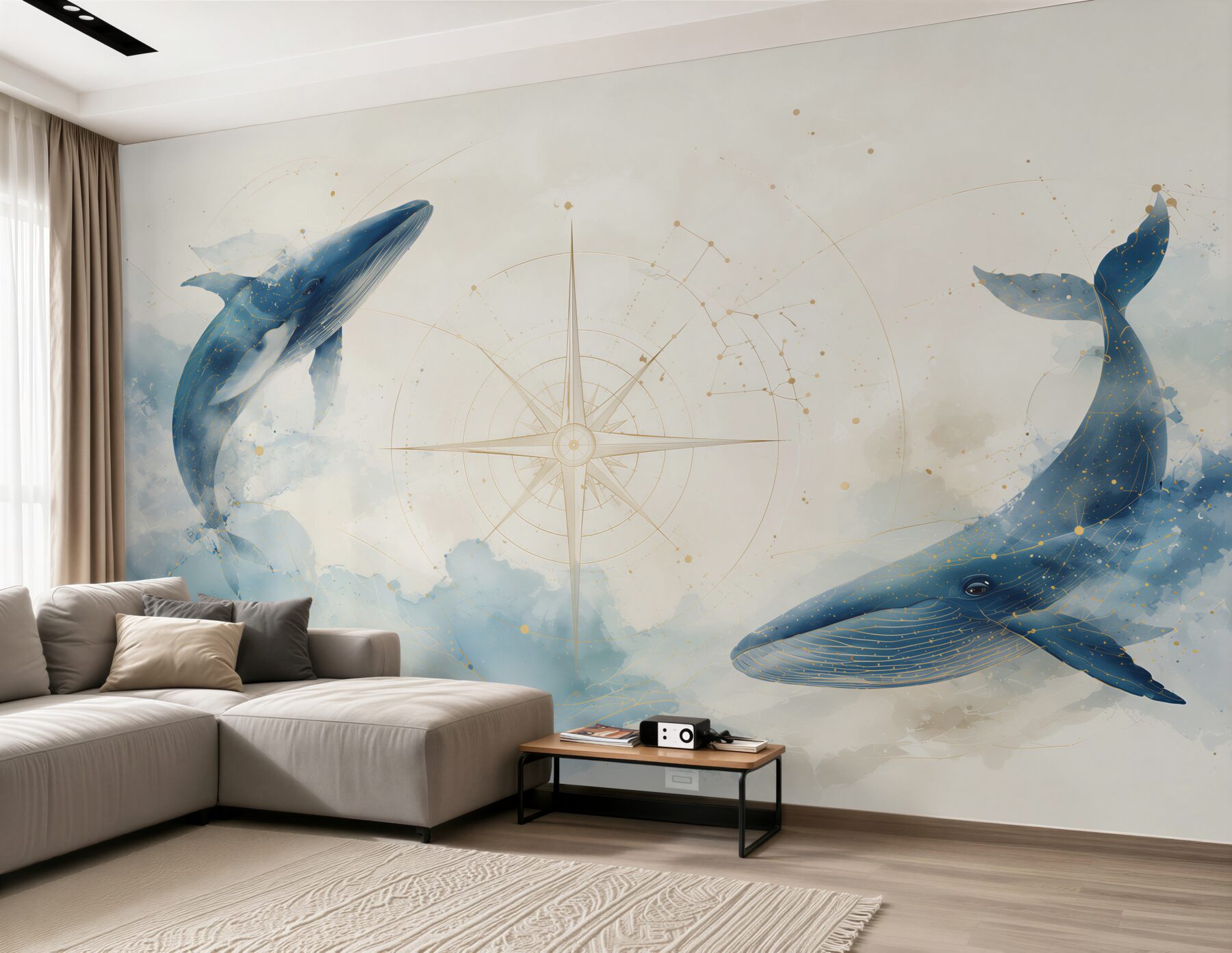 Papier peint baleines aquarelle bleues avec une boussole pour la chambre d'enfant