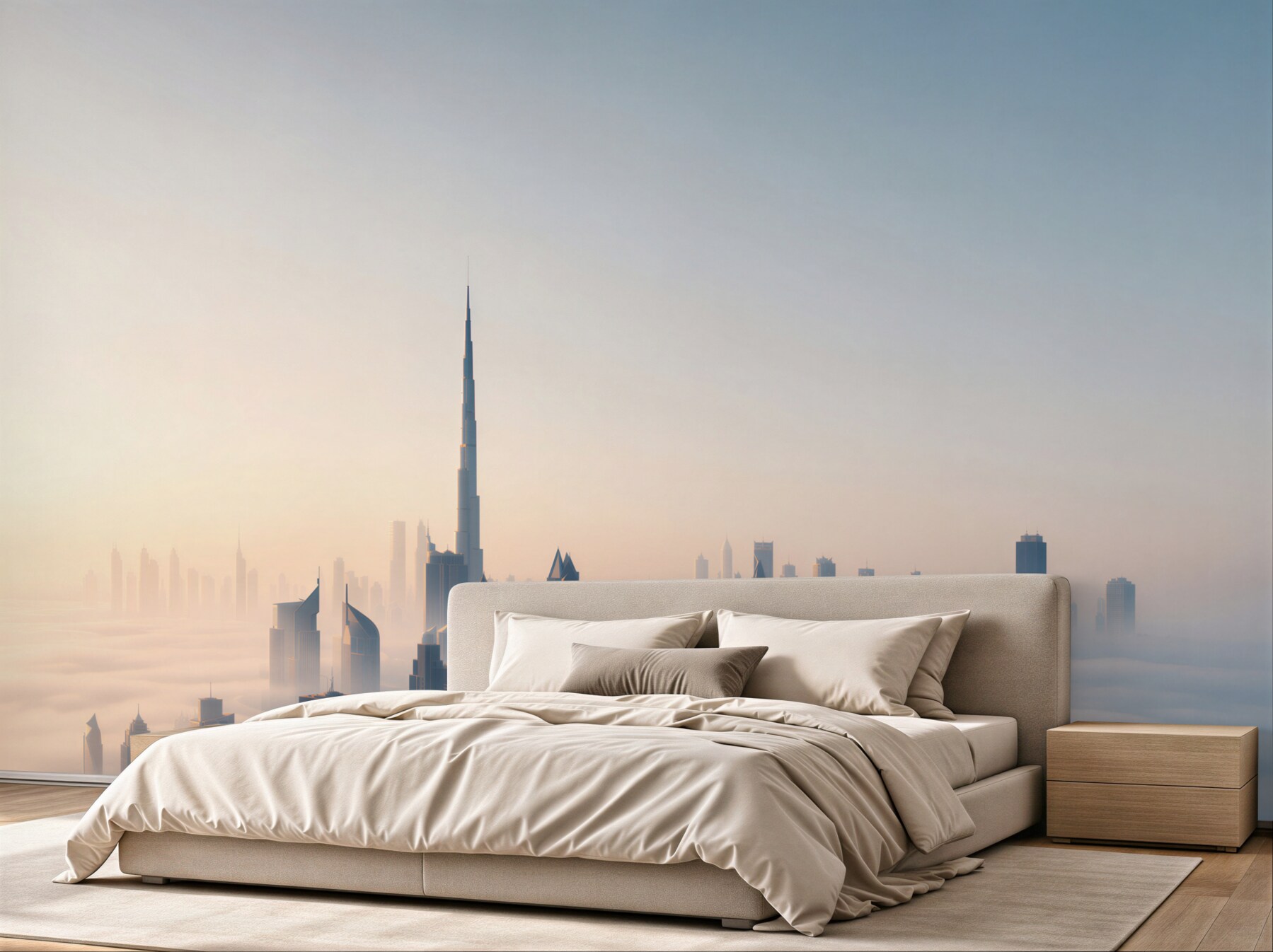 Papier peint panorama de Dubaï dans la brume au lever du soleil ville moderne