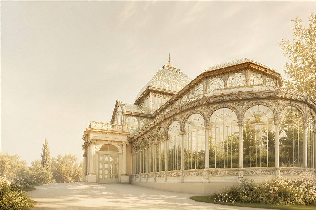 Papier peint orangerie palatiale dans une lumière dorée architecture de jardin élégante