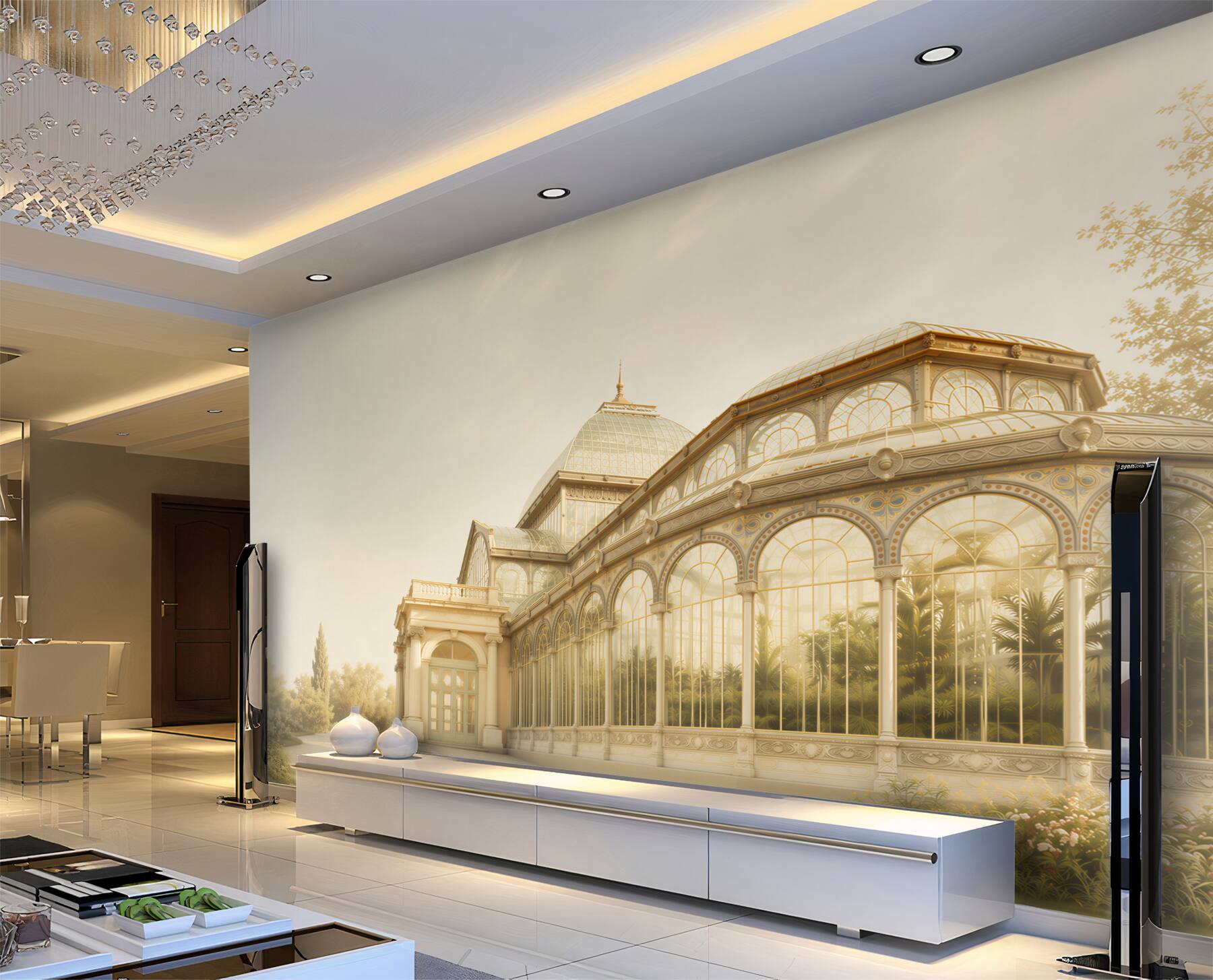 Papier peint orangerie palatiale dans une lumière dorée architecture de jardin élégante