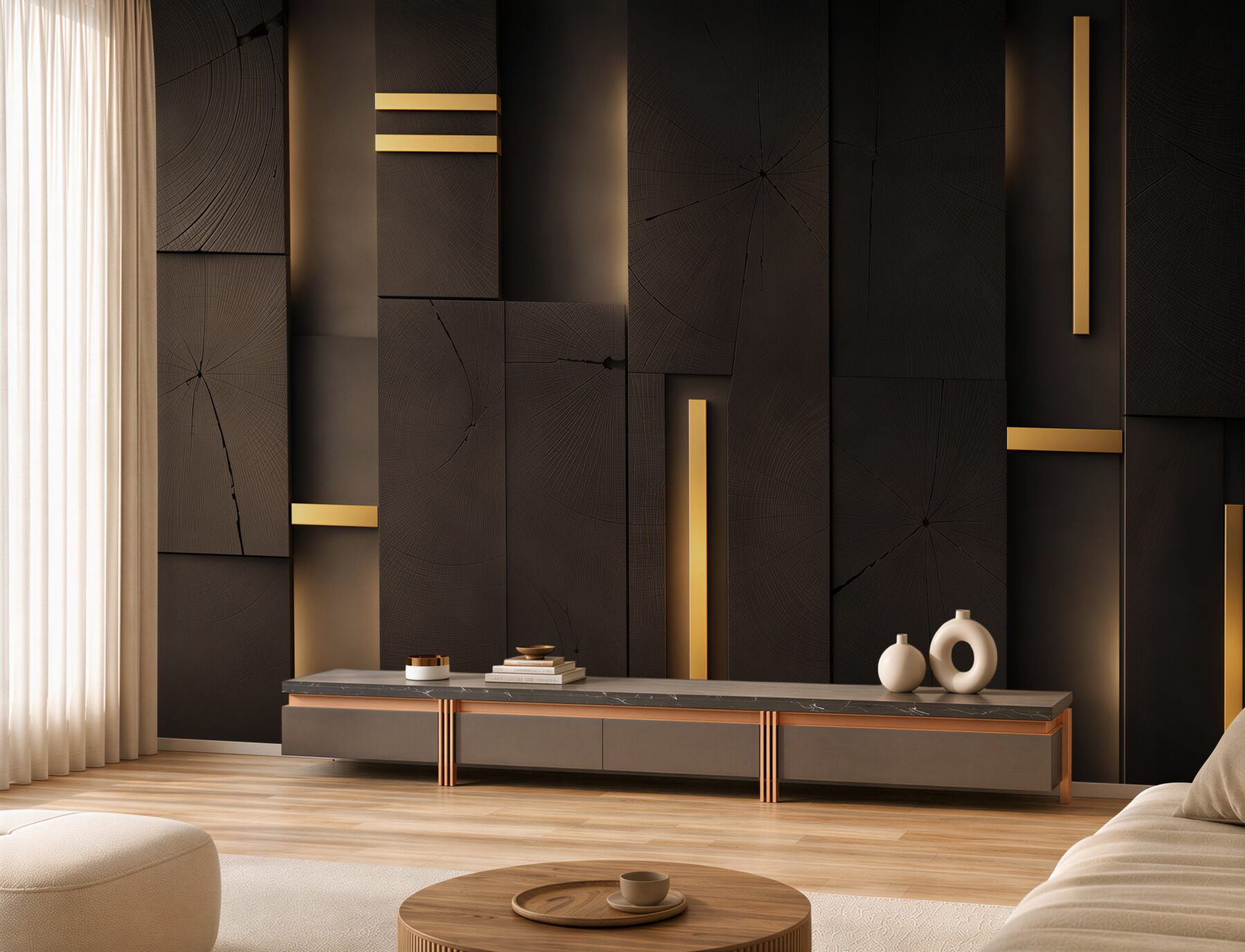 Papier peint panneaux en bois foncé avec accents dorés style loft moderne