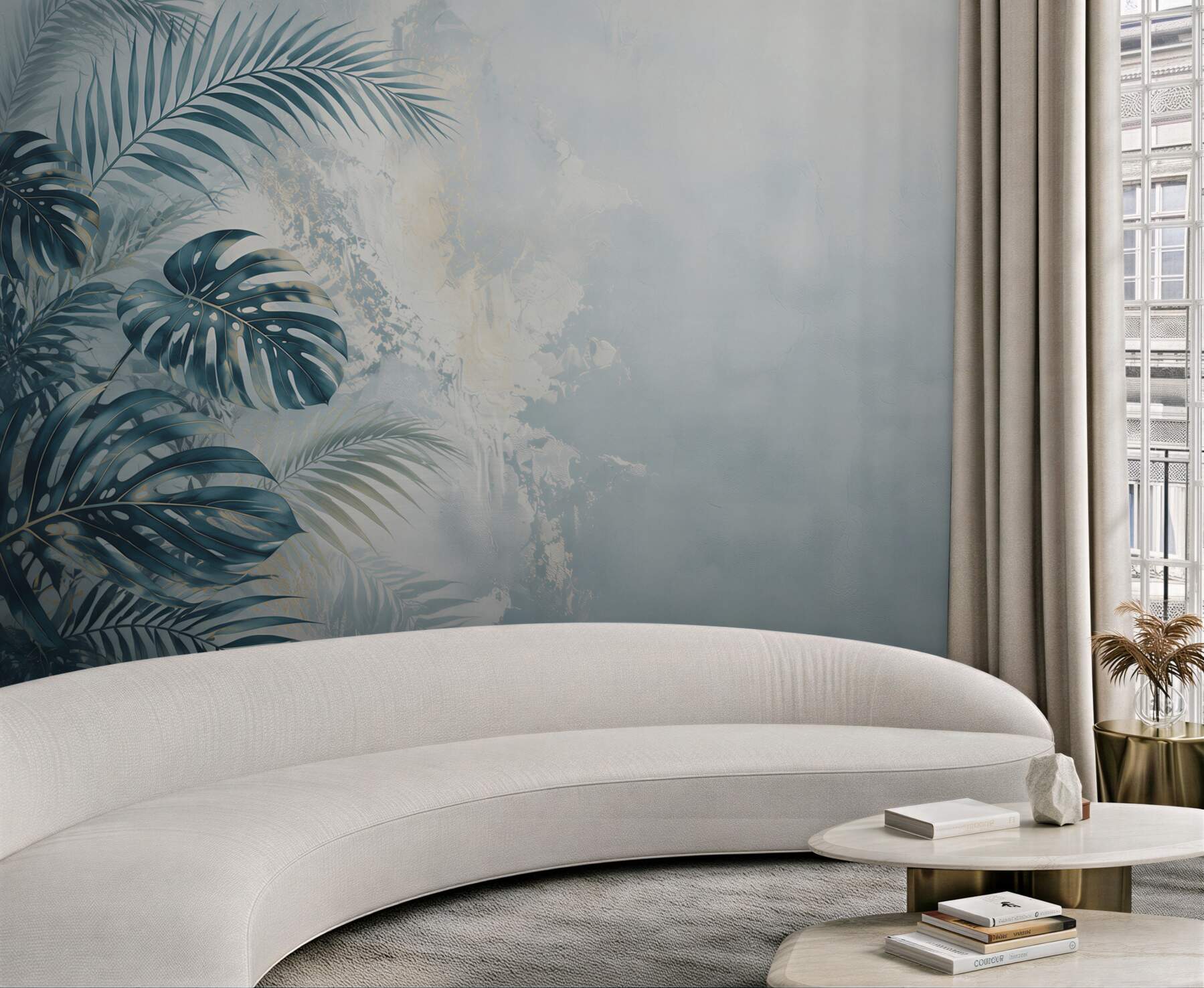 Papier peint feuilles tropicales bleues sur fond clair pour un intérieur élégant