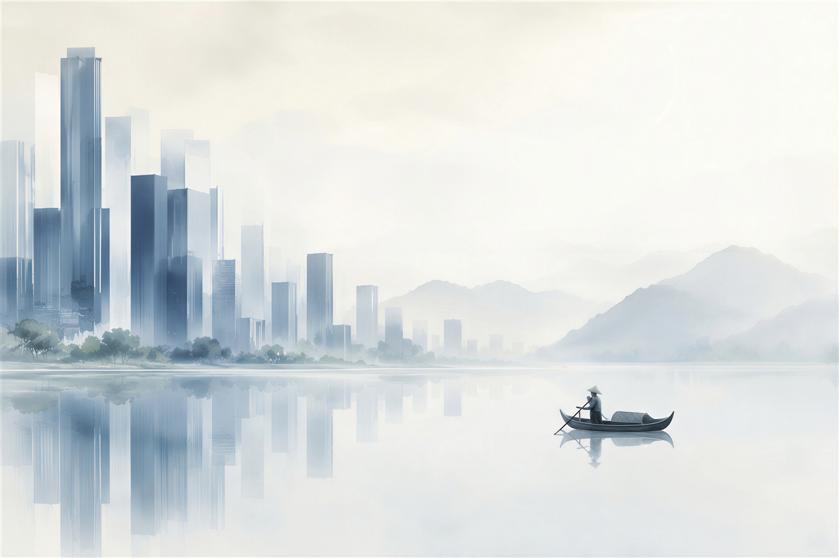 Papier peint ville moderne au bord du lac dans le brouillard avec un bateau minimaliste