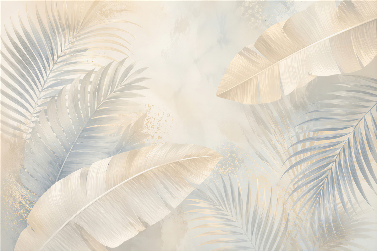 Papier peint feuilles tropicales beige et bleu délicates pour un intérieur élégant