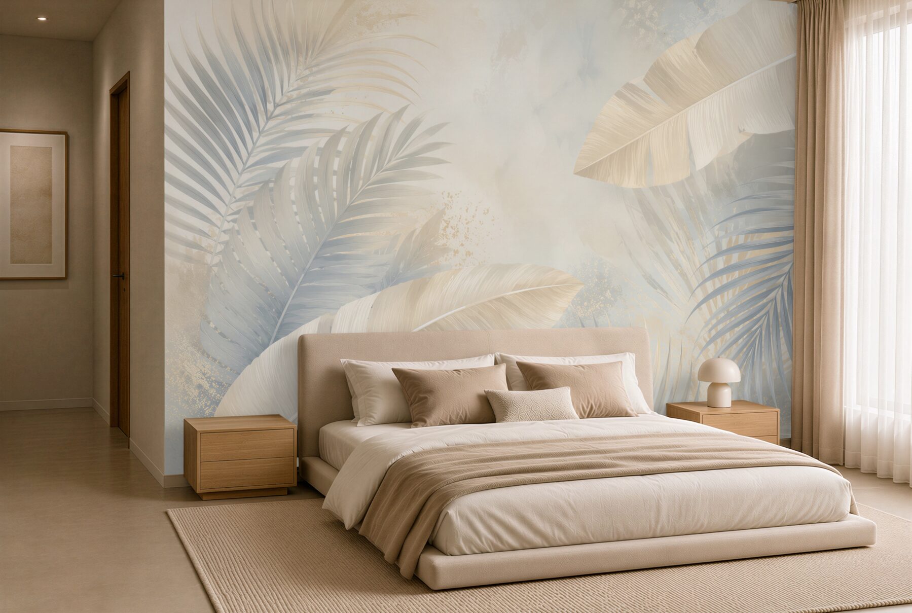 Papier peint feuilles tropicales beige et bleu délicates pour un intérieur élégant