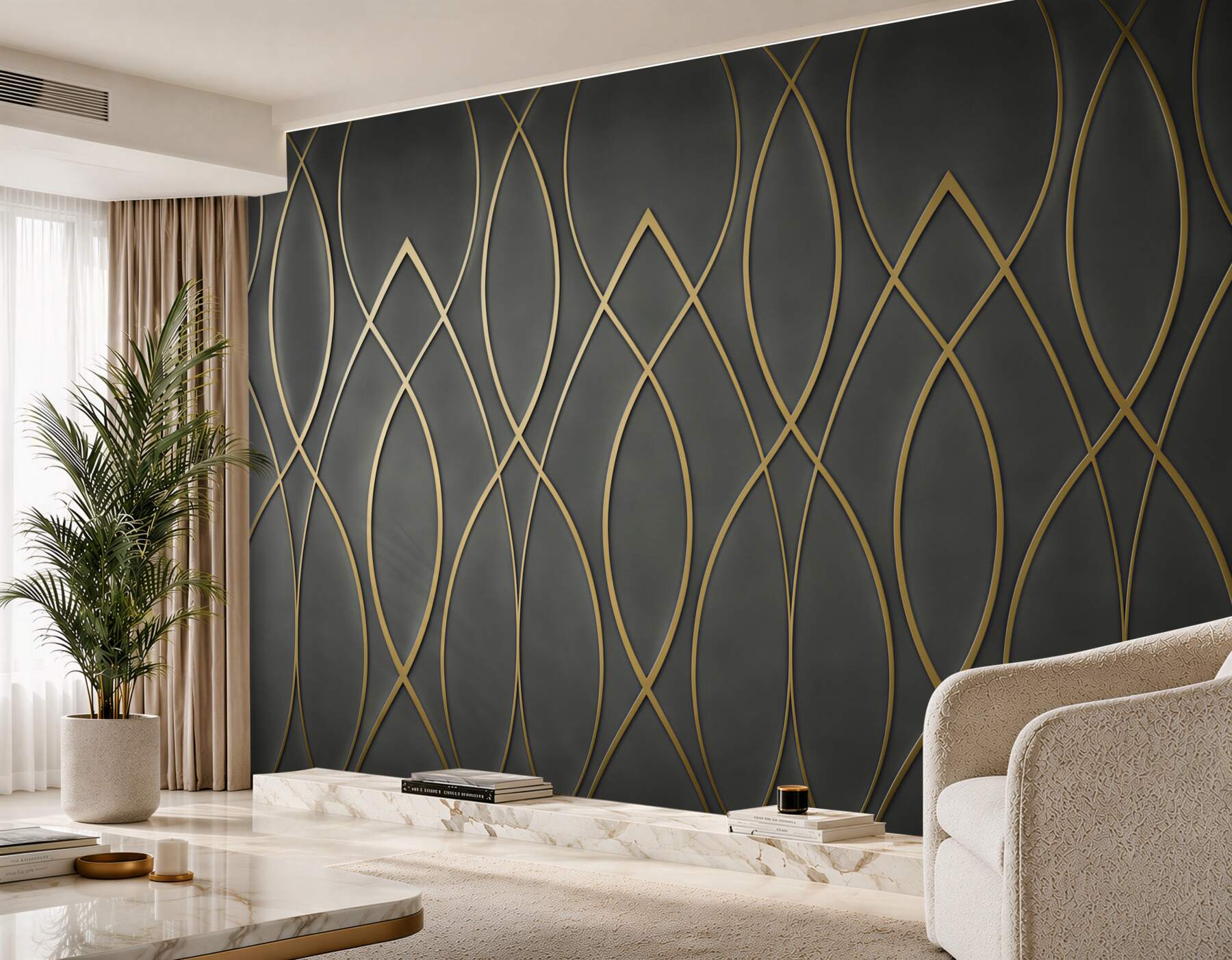 Papier peint motif géométrique lignes dorées sur fond sombre art déco