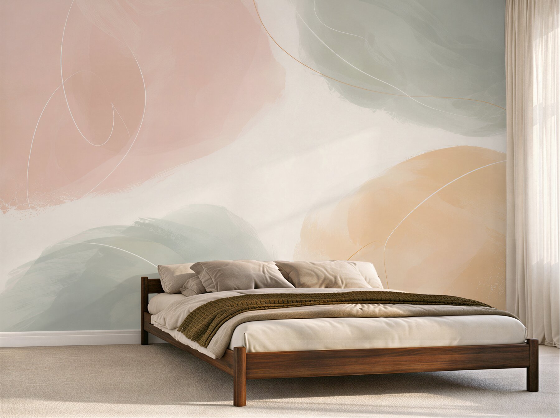Papier peint abstraction pastel beige rose et sauge pour un salon moderne