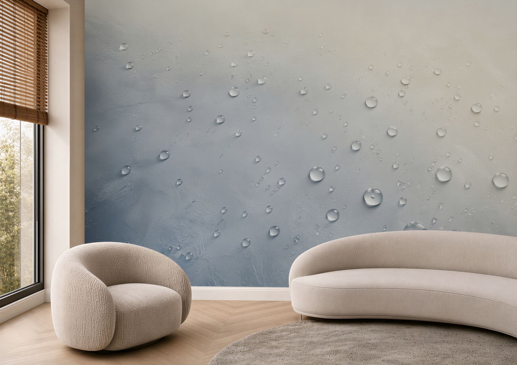 Papier peint gouttes d'eau sur surface en verre dans des tons bleu-beige