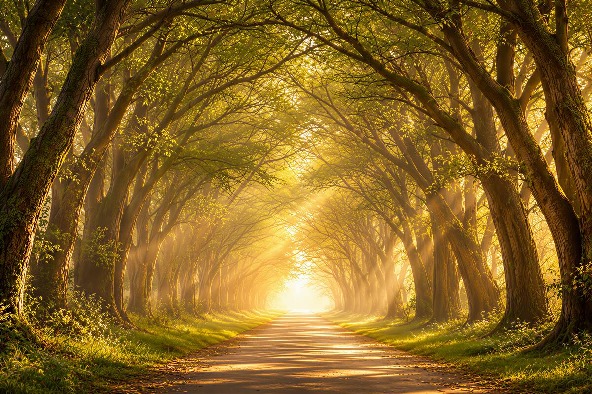 Papier peint allée forestière d'arbres dans la lumière dorée du soleil