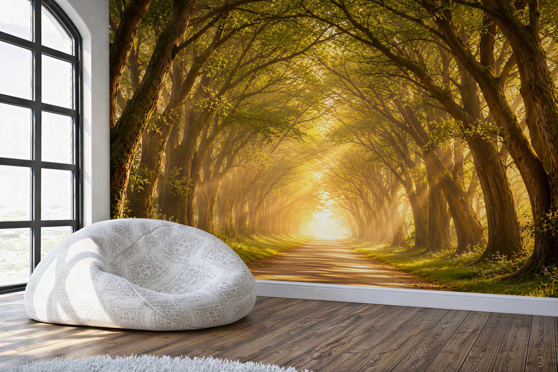 Papier peint allée forestière d'arbres dans la lumière dorée du soleil