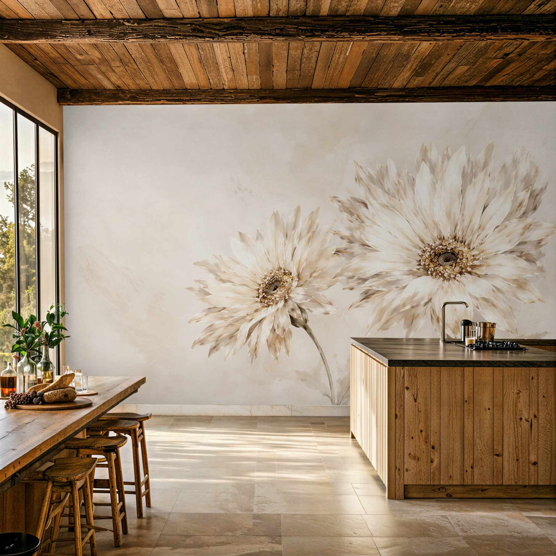 Papier peint fleurs de gerbera crème délicates et élégantes pour la chambre