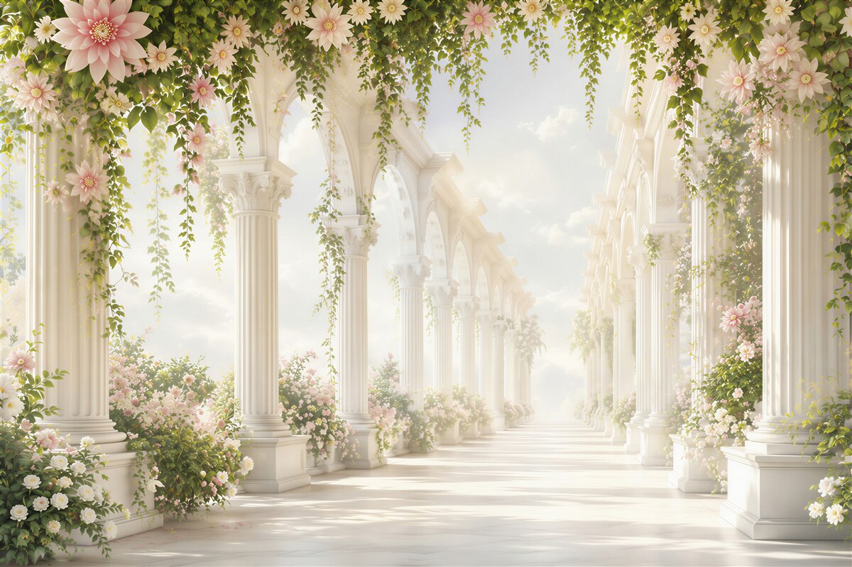 Papier peint couloir floral romantique avec des colonnes blanches et du lierre