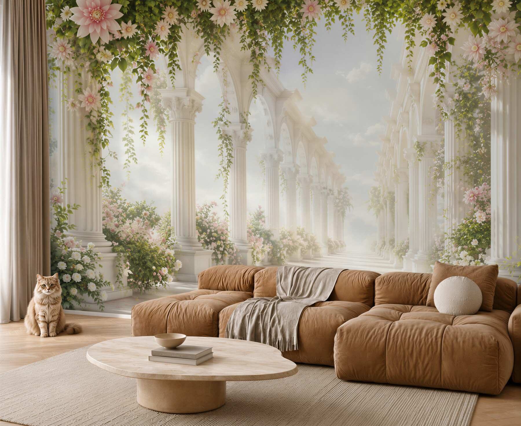 Papier peint couloir floral romantique avec des colonnes blanches et du lierre