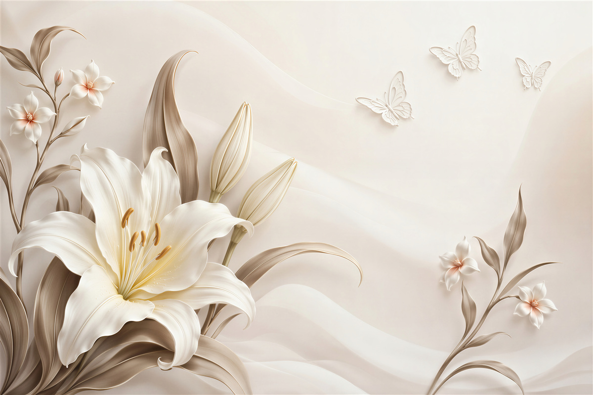 Papier peint lys blancs avec des papillons beiges élégants pour la chambre