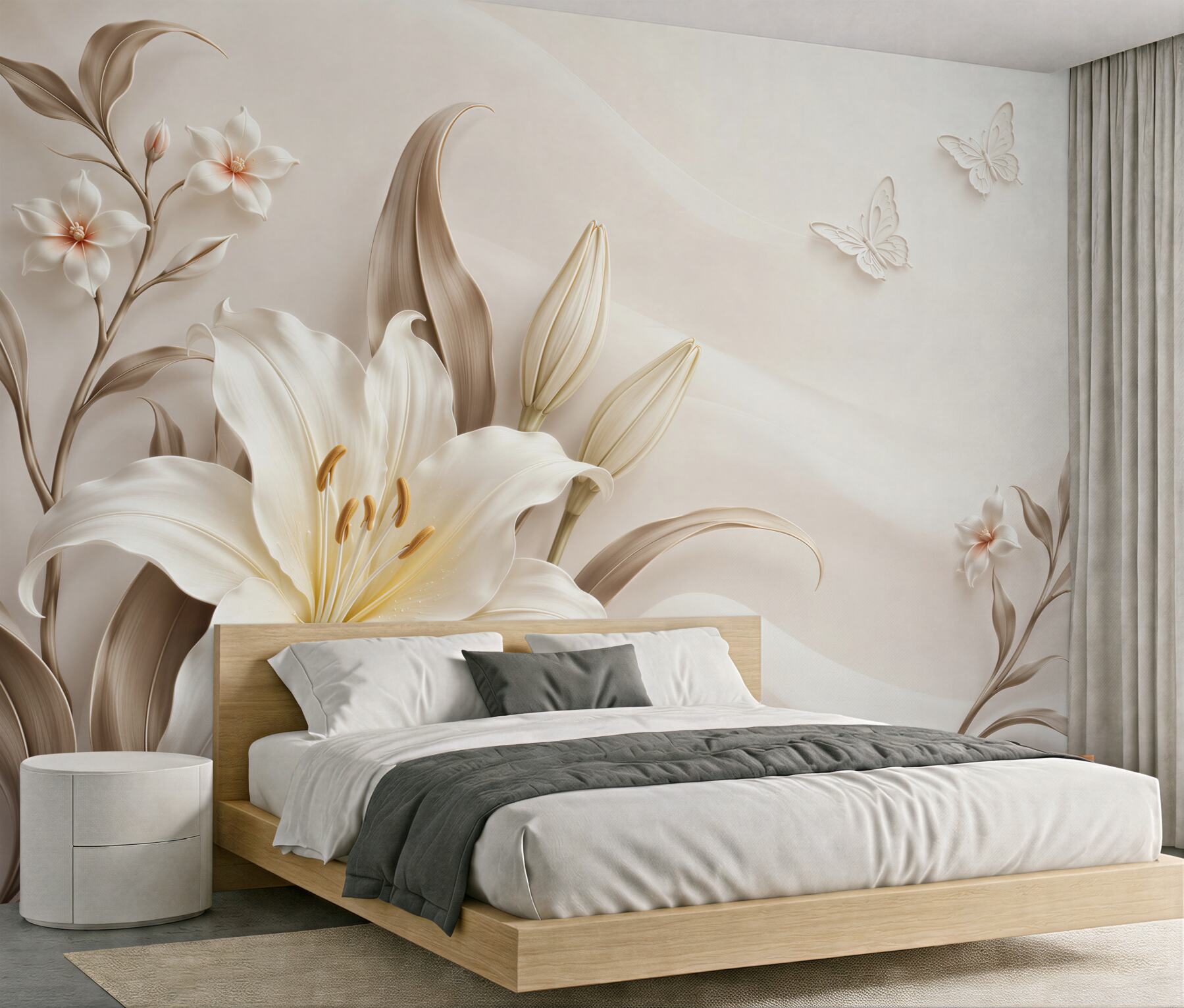 Papier peint lys blancs avec des papillons beiges élégants pour la chambre