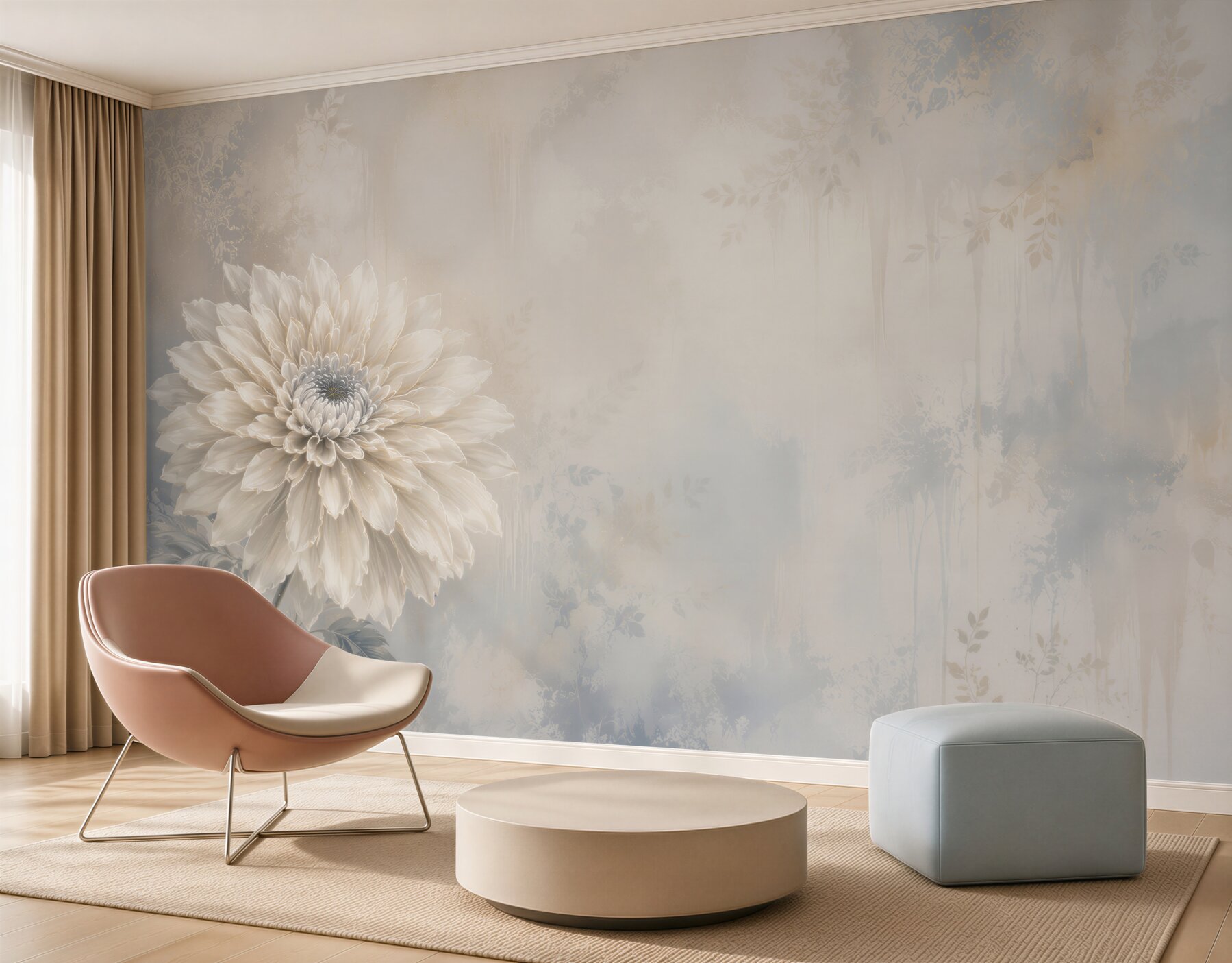 Papier peint grande fleur crème sur fond pastel élégance subtile