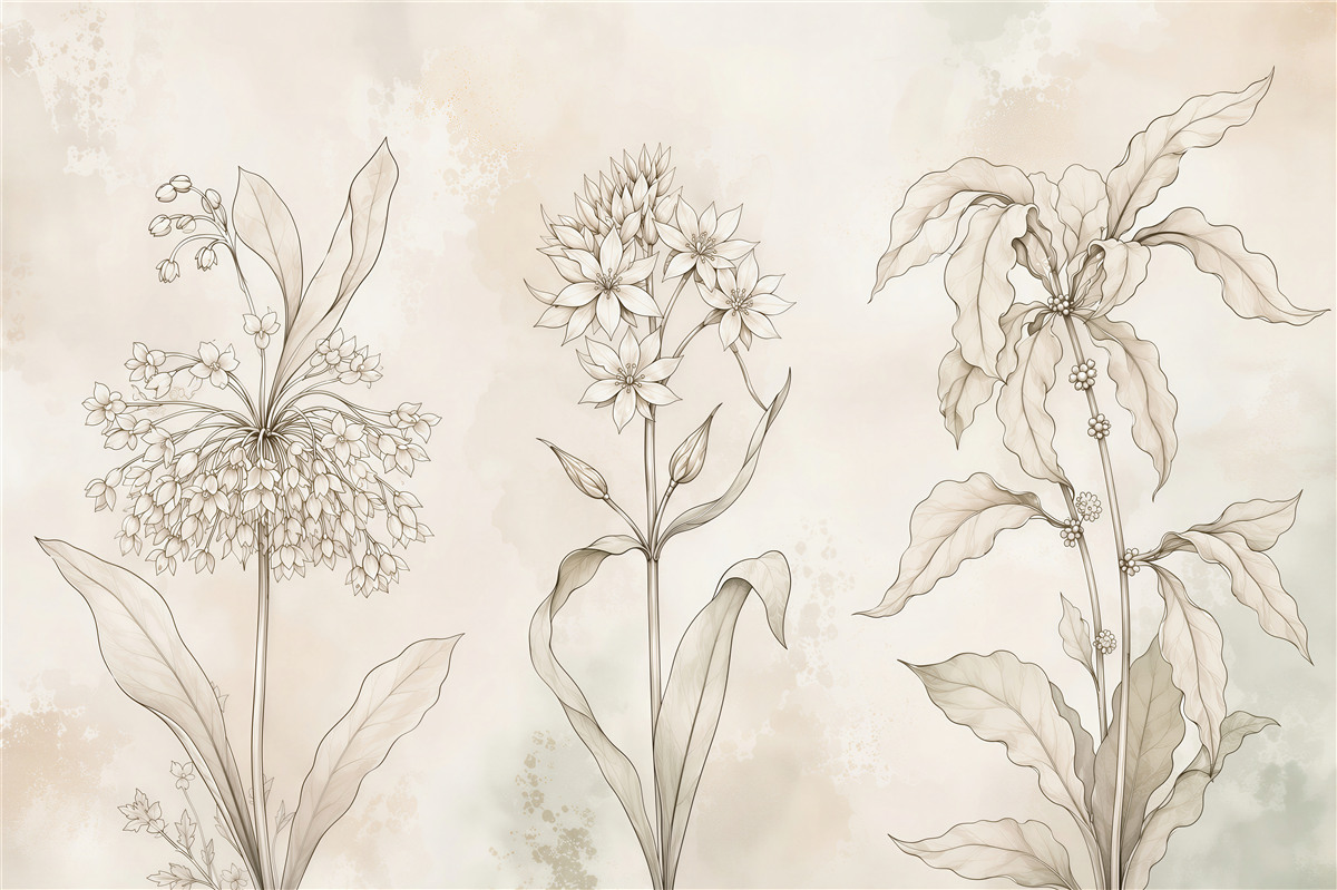 Papier peint fleurs délicates beiges croquis botanique pour intérieur élégant