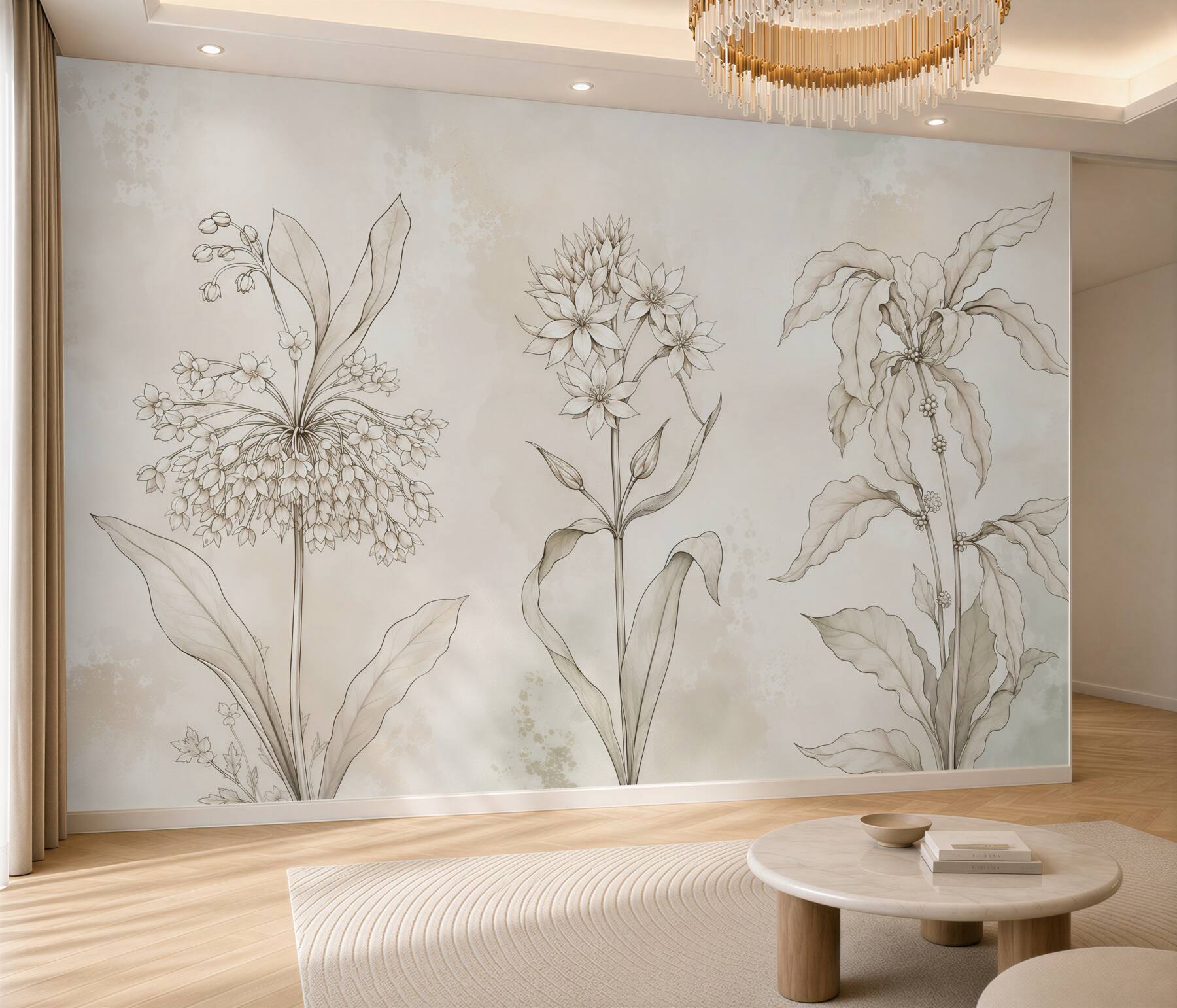 Papier peint fleurs délicates beiges croquis botanique pour intérieur élégant