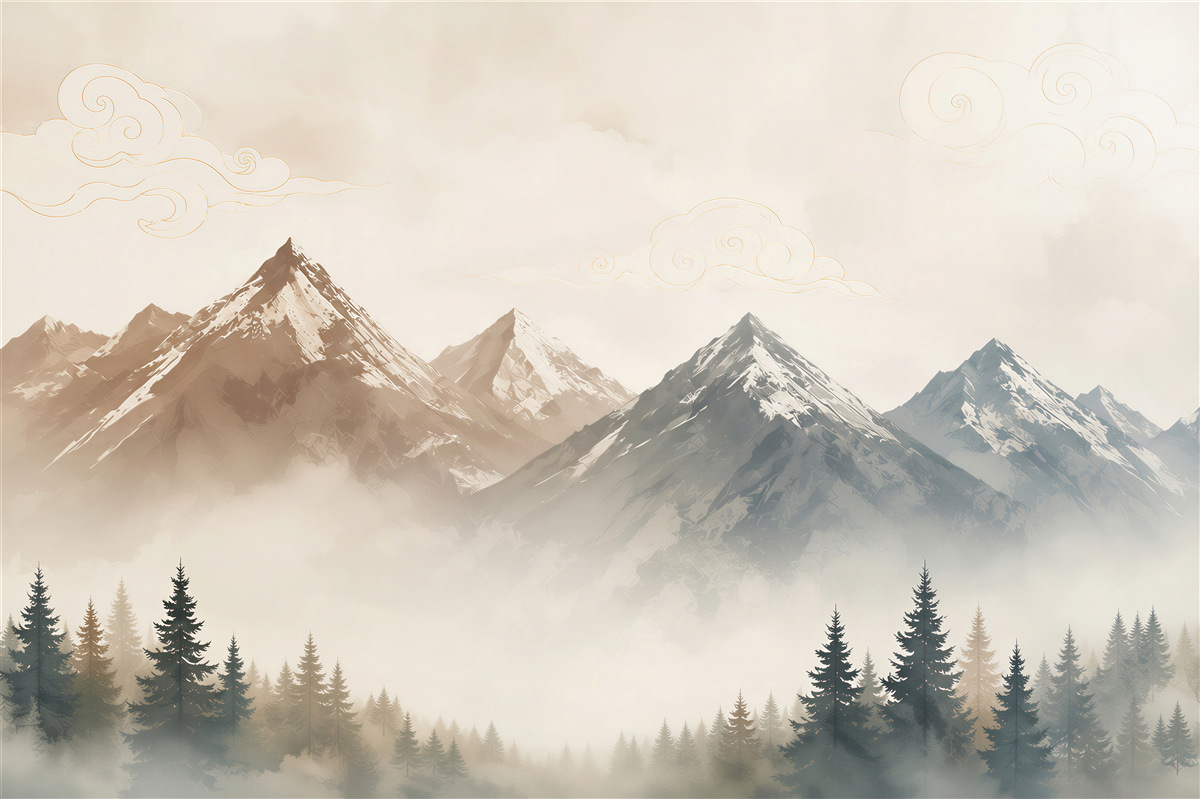 Papier peint montagnes dans le brouillard avec une forêt de conifères dans des tons beiges