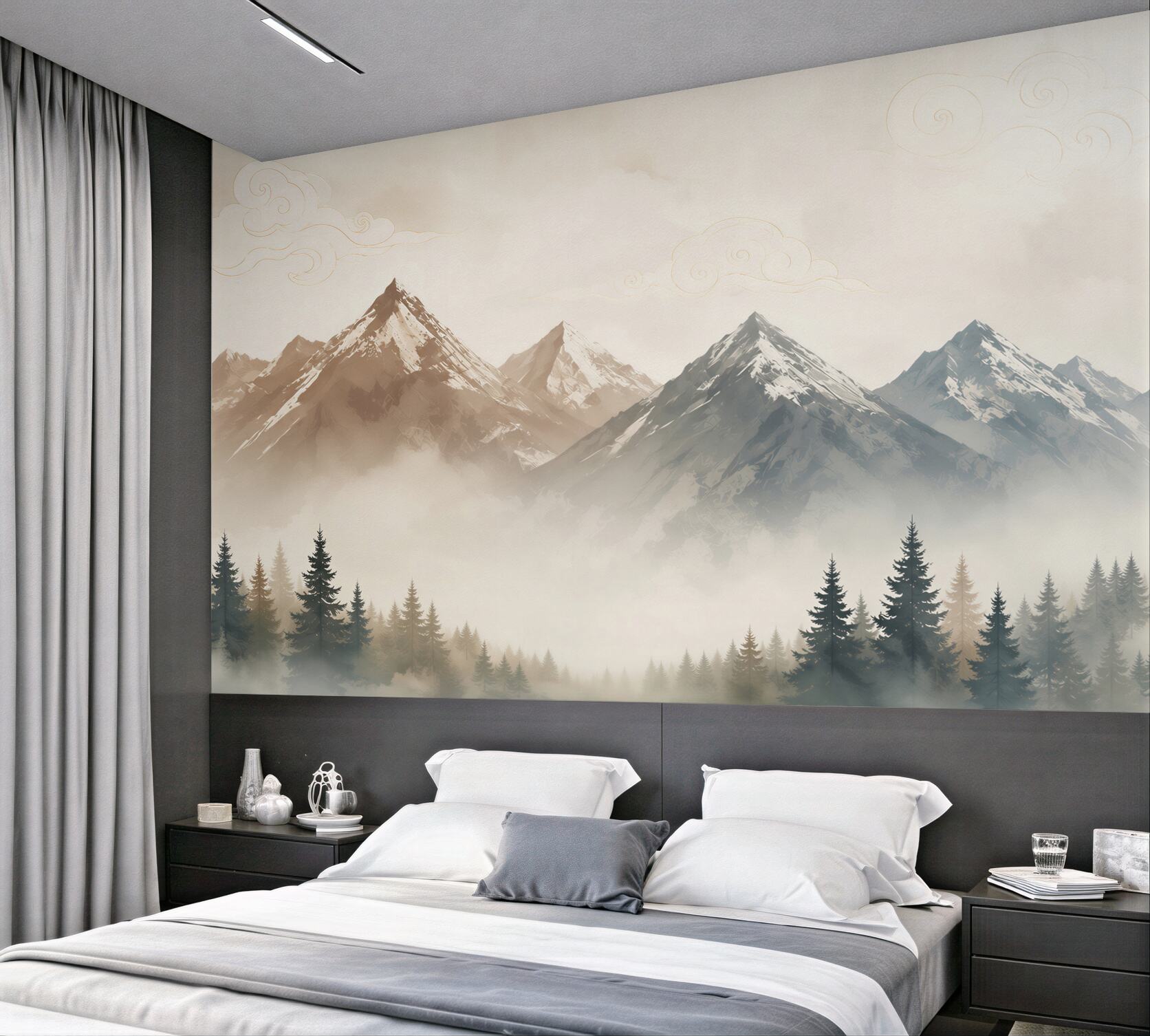 Papier peint montagnes dans le brouillard avec une forêt de conifères dans des tons beiges