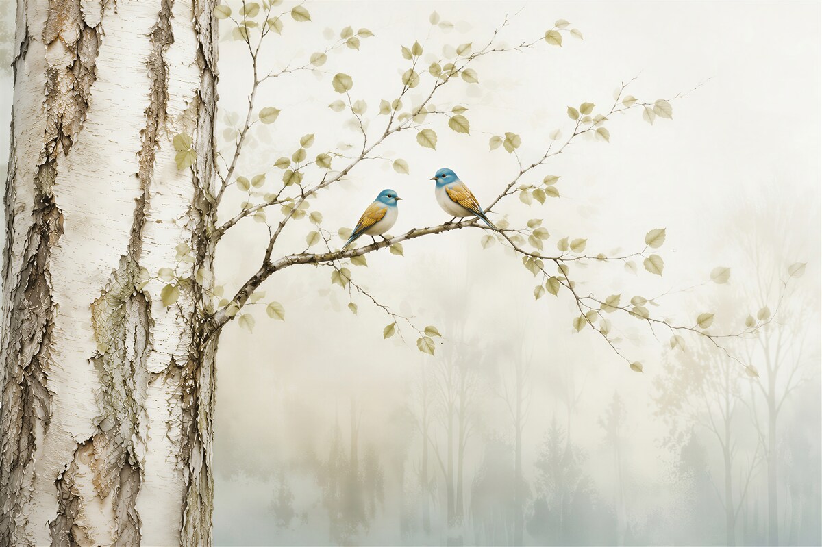 Papier peint oiseaux sur une branche de bouleau dans un paysage forestier brumeux