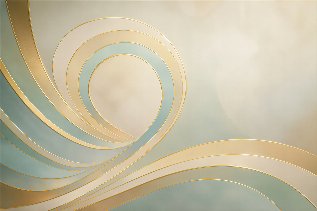 Papier peint lignes spirales abstraites beige et bleu clair avec accents dorés