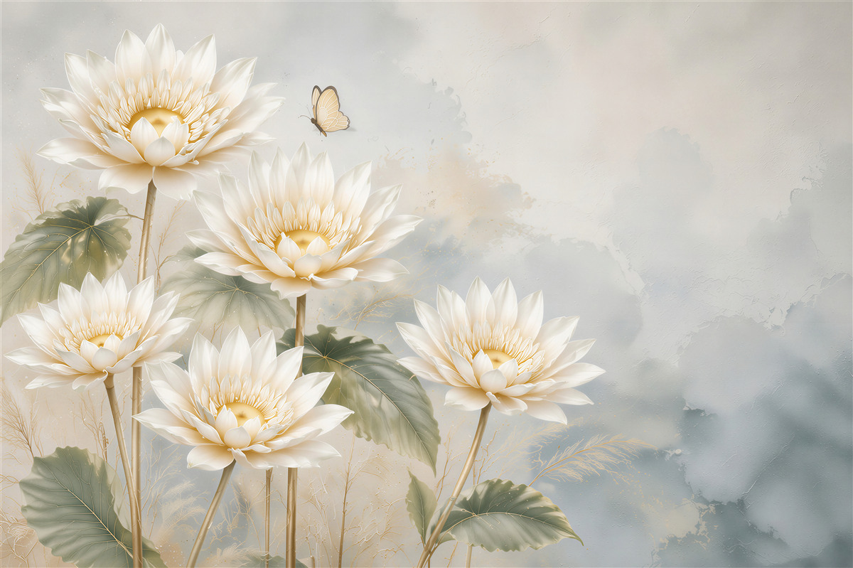 Papier peint fleurs de lotus blanches pastels avec un papillon pour la chambre