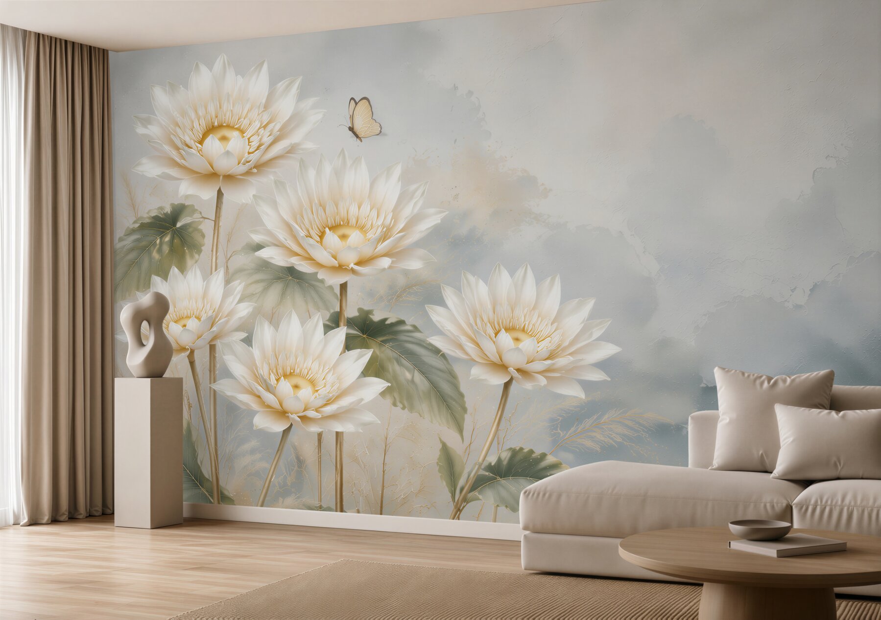 Papier peint fleurs de lotus blanches pastels avec un papillon pour la chambre