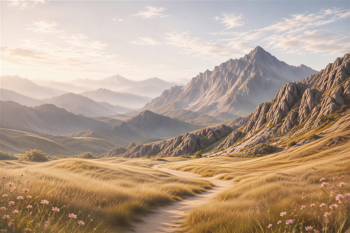 Papier peint paysage de montagne au lever du soleil avec un chemin de campagne