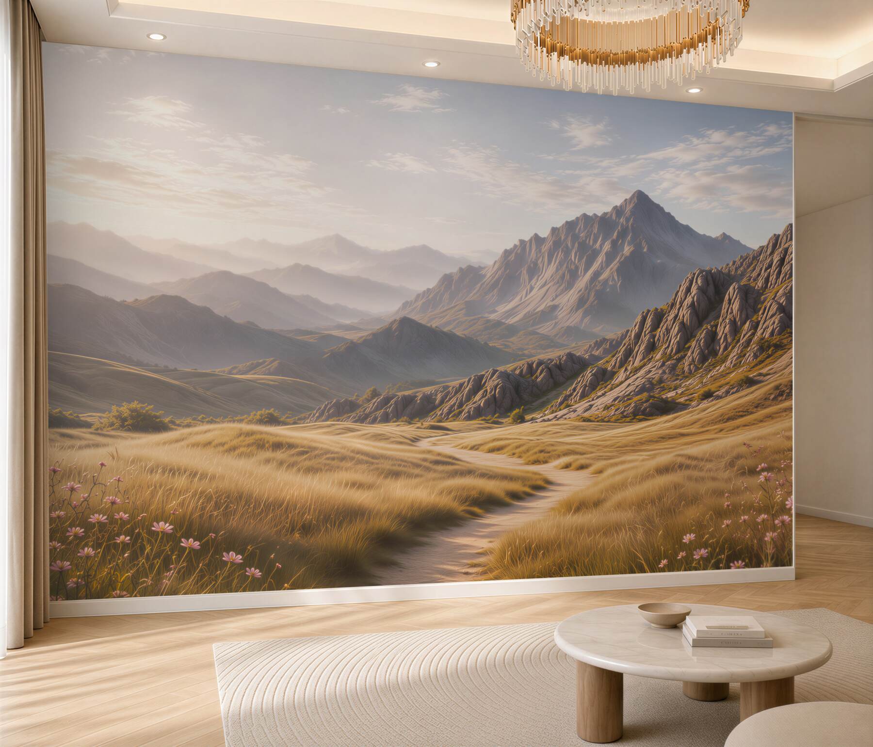 Papier peint paysage de montagne au lever du soleil avec un chemin de campagne