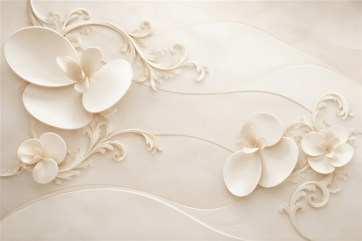 Papier peint fleurs 3D crème avec des ornements élégants pour la chambre
