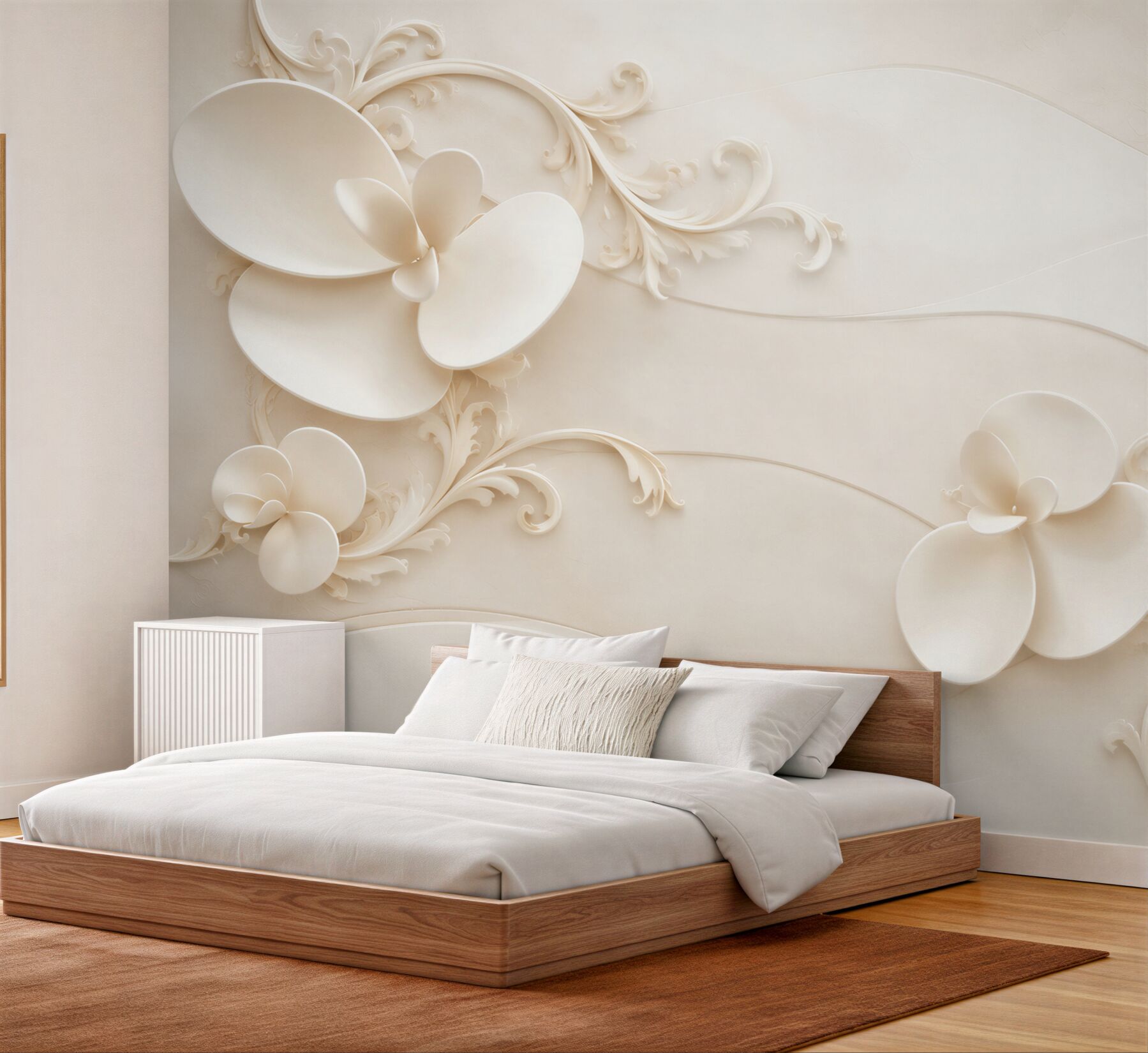 Papier peint fleurs 3D crème avec des ornements élégants pour la chambre