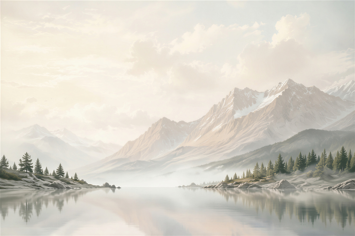 Papier peint paysage de montagne avec un lac dans le brouillard clair et paisible
