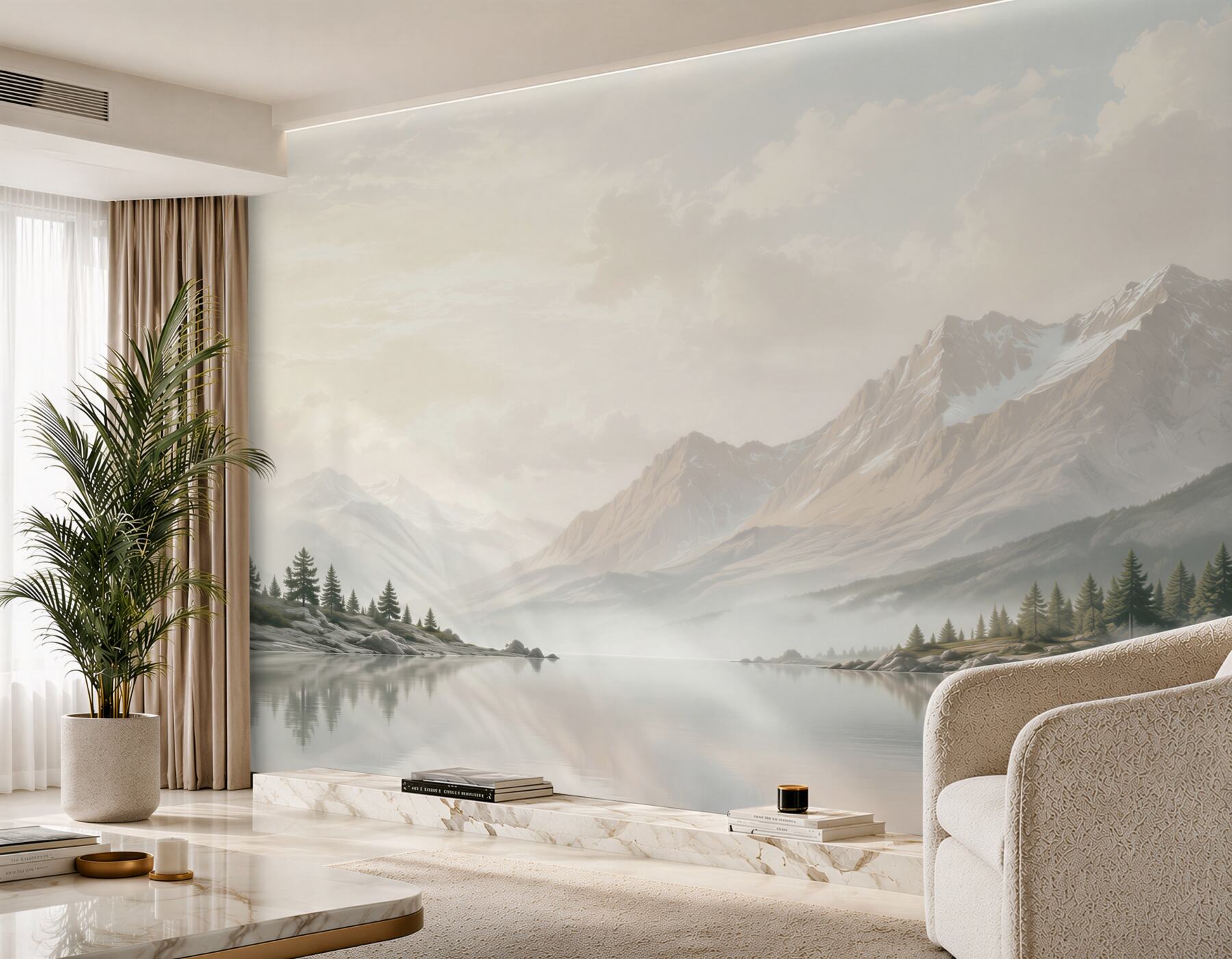 Papier peint paysage de montagne avec un lac dans le brouillard clair et paisible
