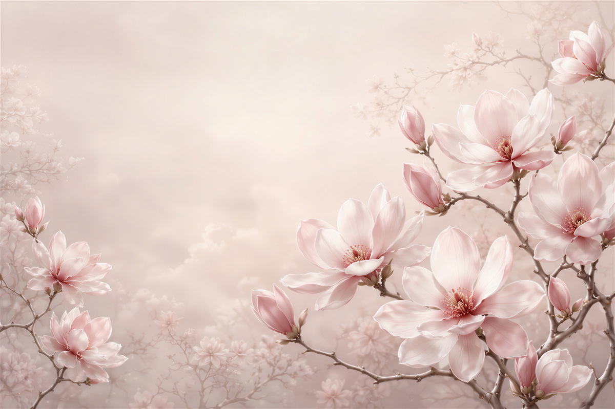 Papier peint fleurs de magnolia rose poudré délicates pour la chambre