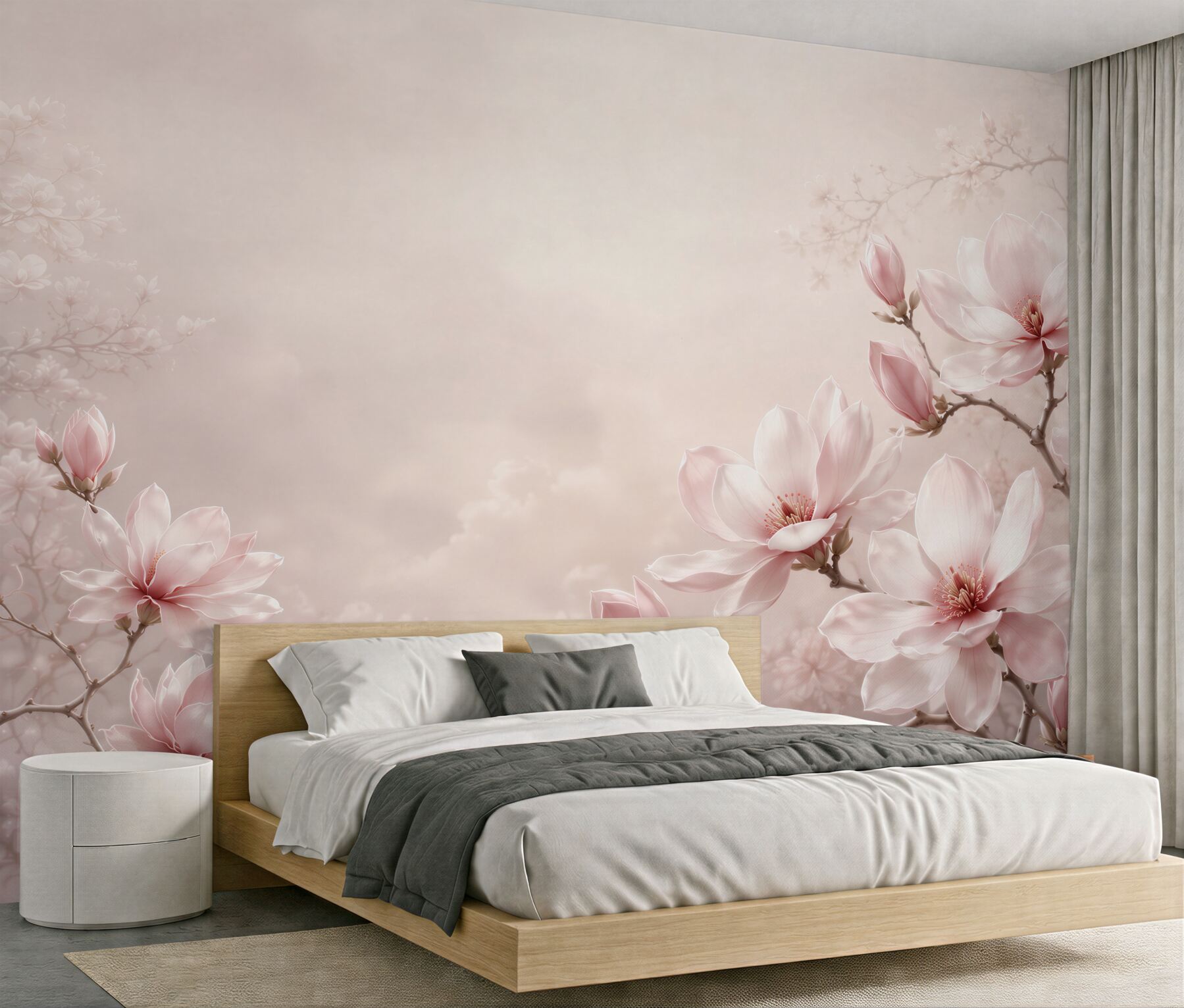 Papier peint fleurs de magnolia rose poudré délicates pour la chambre