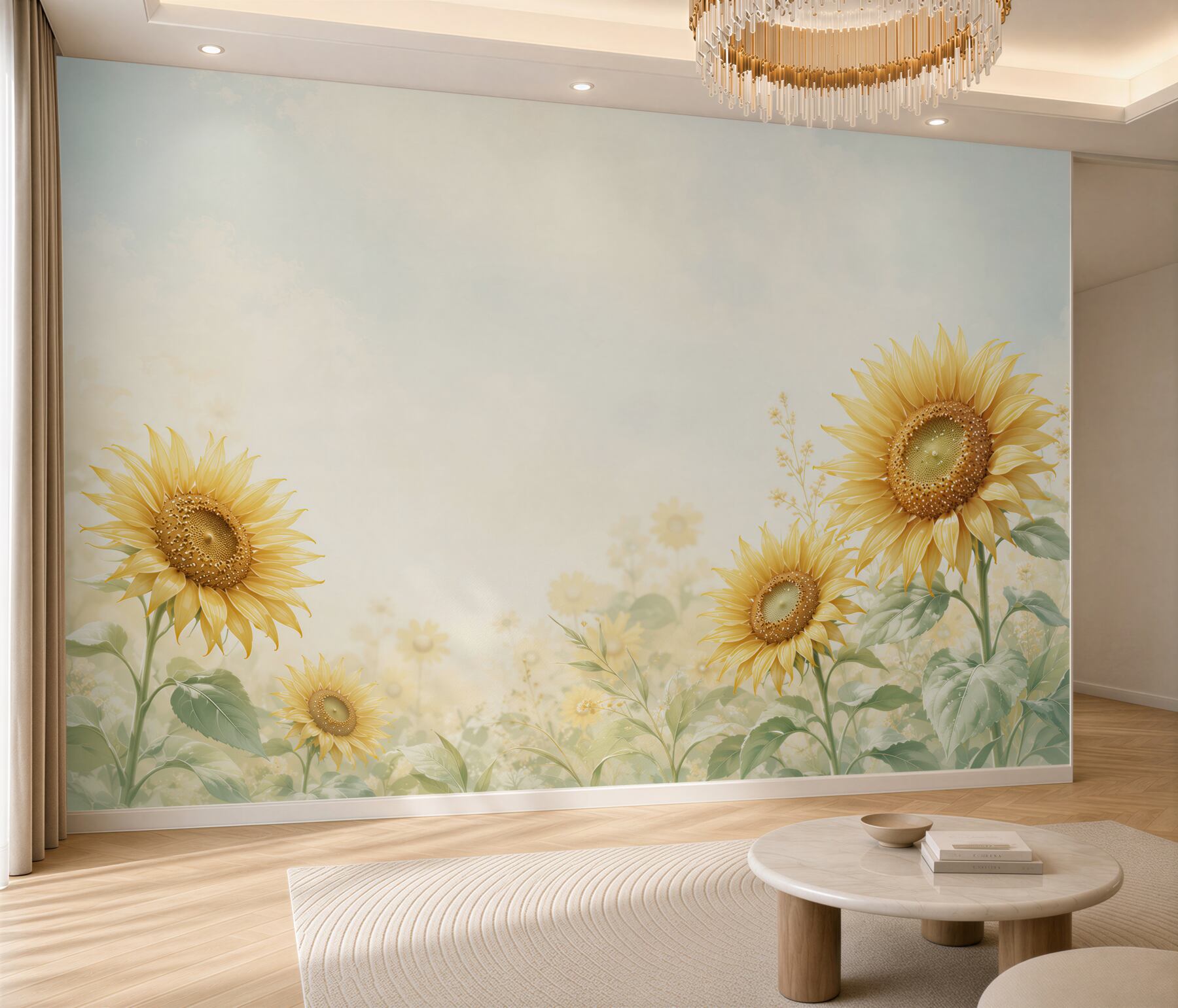 Papier peint tournesols jaunes sur fond clair pour la cuisine et le salon