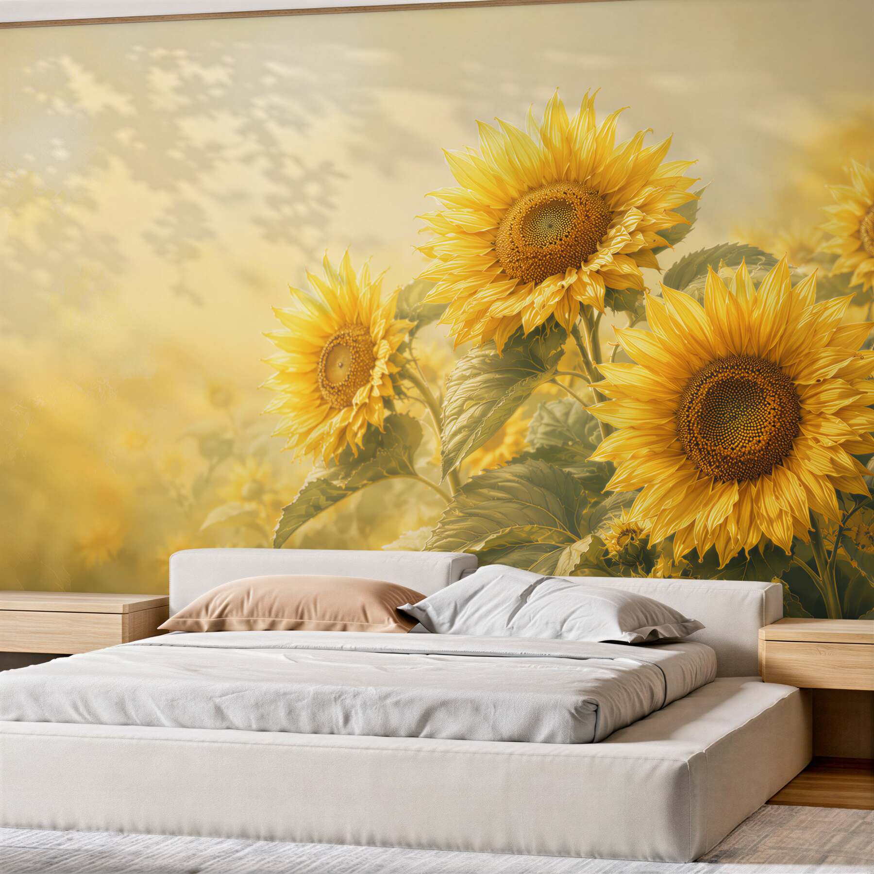 Papier peint tournesols dorés sur fond clair pour un salon chaleureux