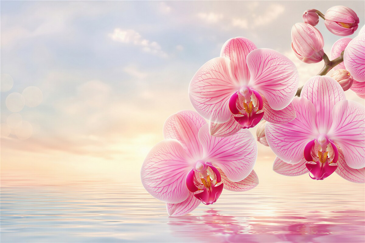 Papier peint orchidées roses au-dessus de l'eau dans une lumière romantique