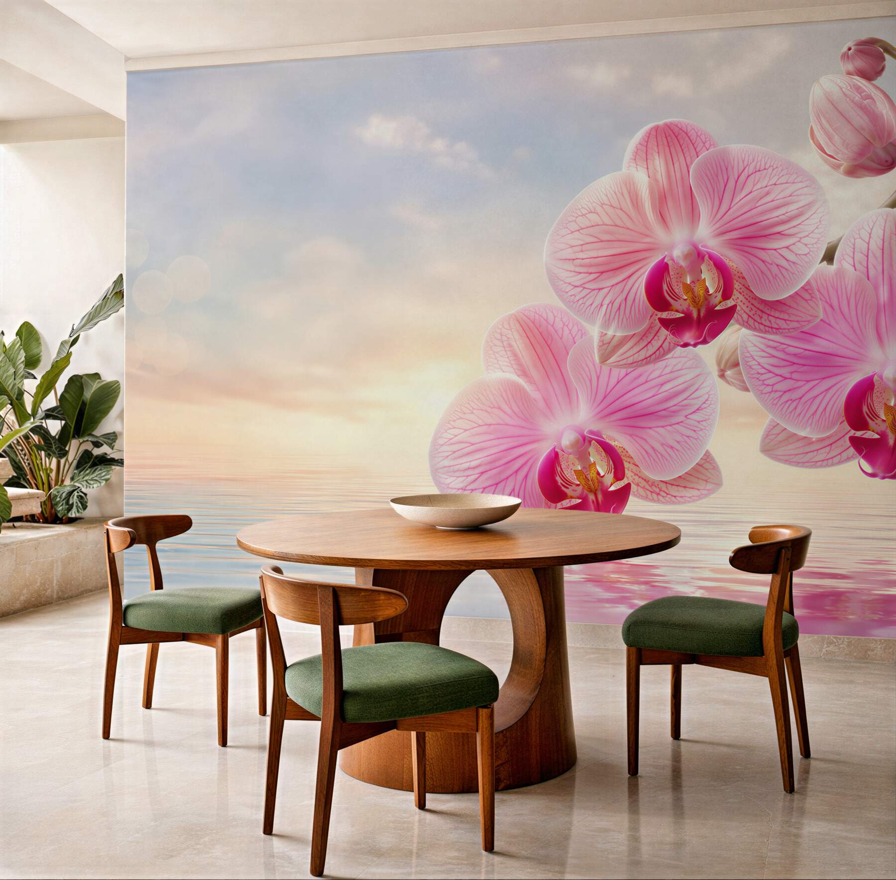 Papier peint orchidées roses au-dessus de l'eau dans une lumière romantique